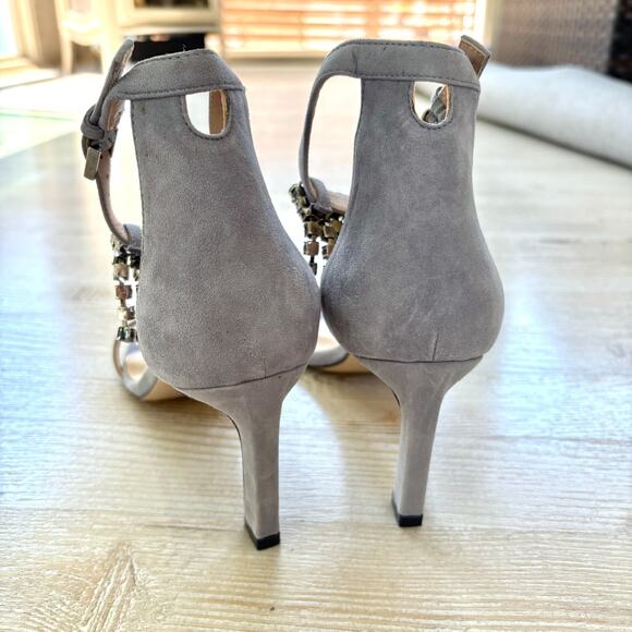 Stuart Weitzman Suede Stiletto Heel Rhinestone Waterfall Sandals | Blue 8.5 - Picture 7 of 8